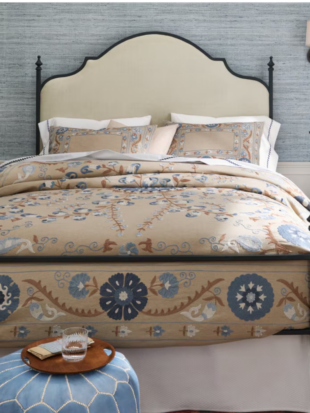 Garnet Hill Suzani Embroidered Duvet Cover King Cal King Cotton Blue Tan